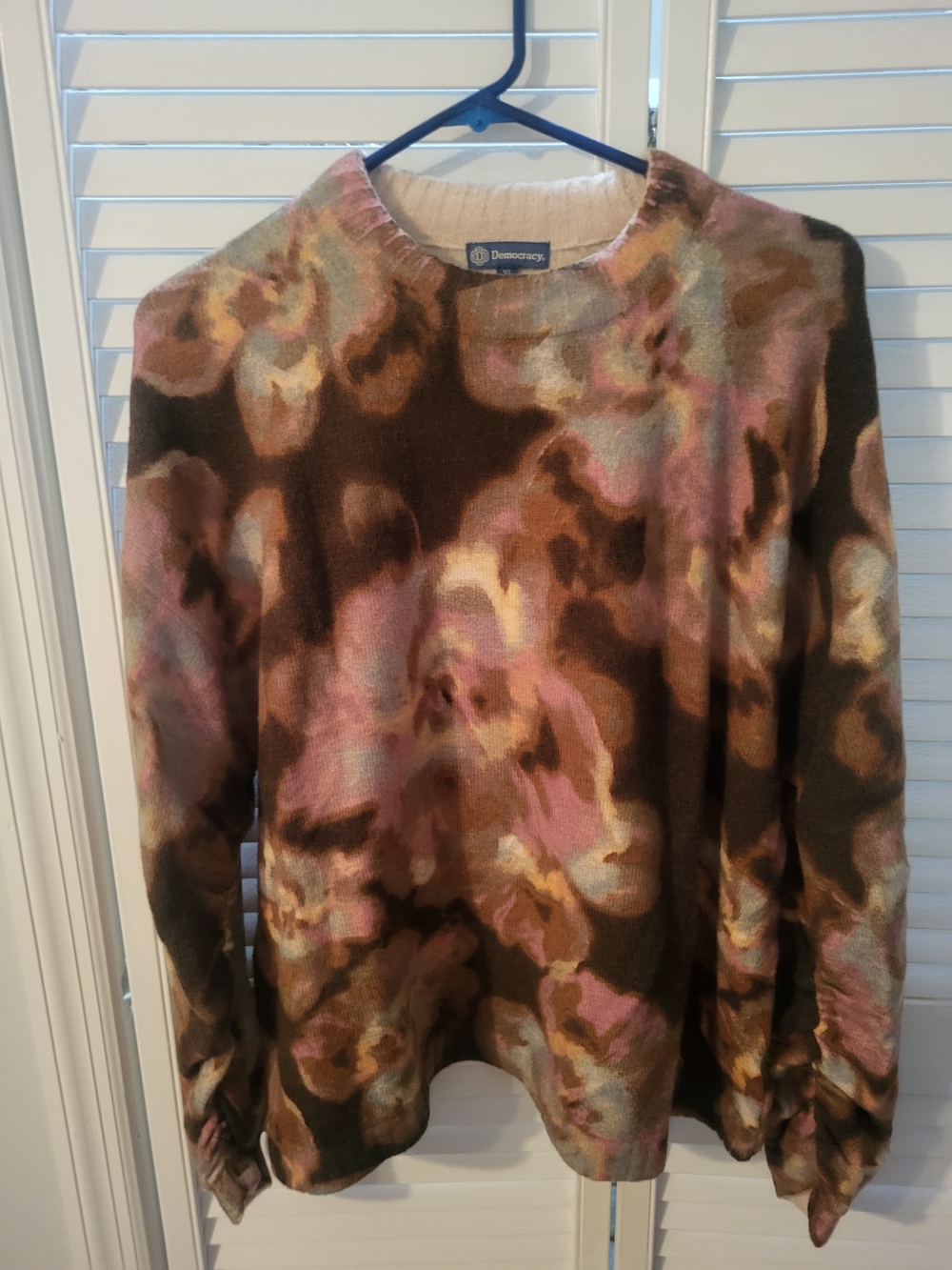 Democracy Brown Floral-Print Crewneck Sweater with Pink & Cream Accents